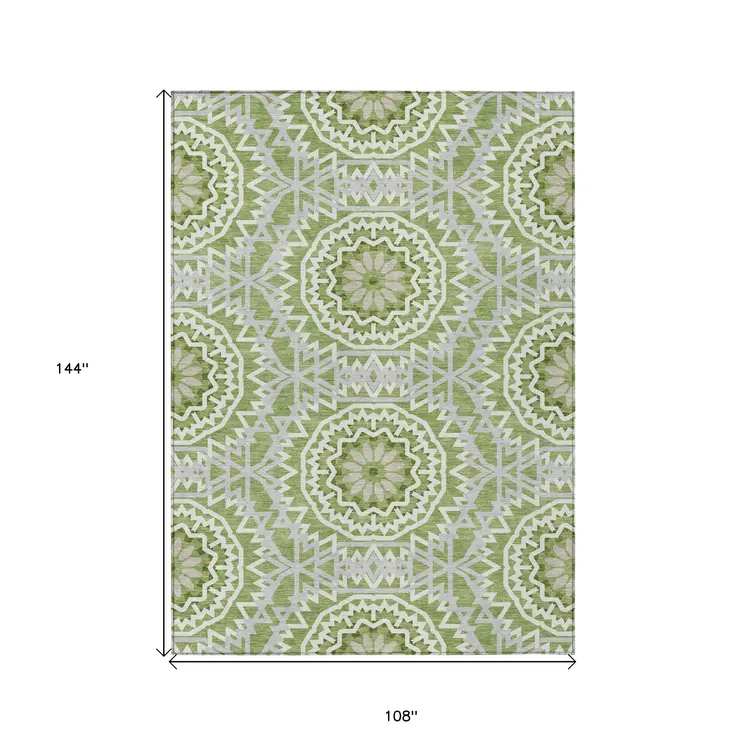 9' X 12' Olive Green And Ivory Floral Medallion Washable Indoor Outdoor Area Rug