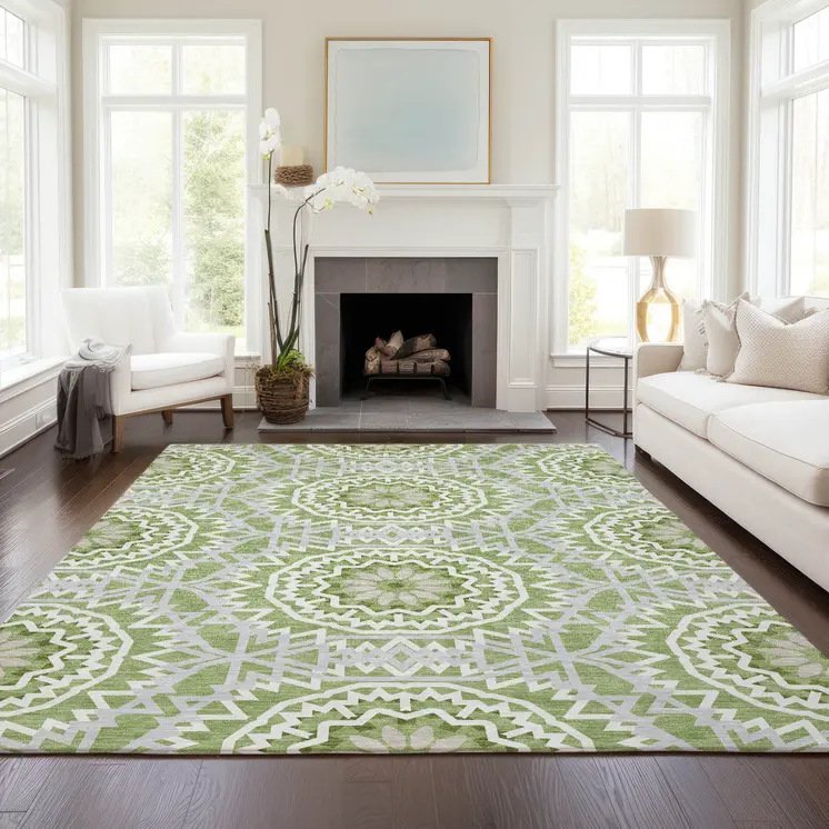 10' X 14' Olive Green And Ivory Floral Medallion Washable Indoor Outdoor Area Rug