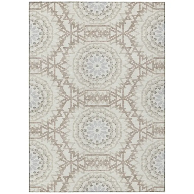 3' X 5' Ivory Beige And Silver Floral Medallion Washable Indoor Outdoor Area Rug