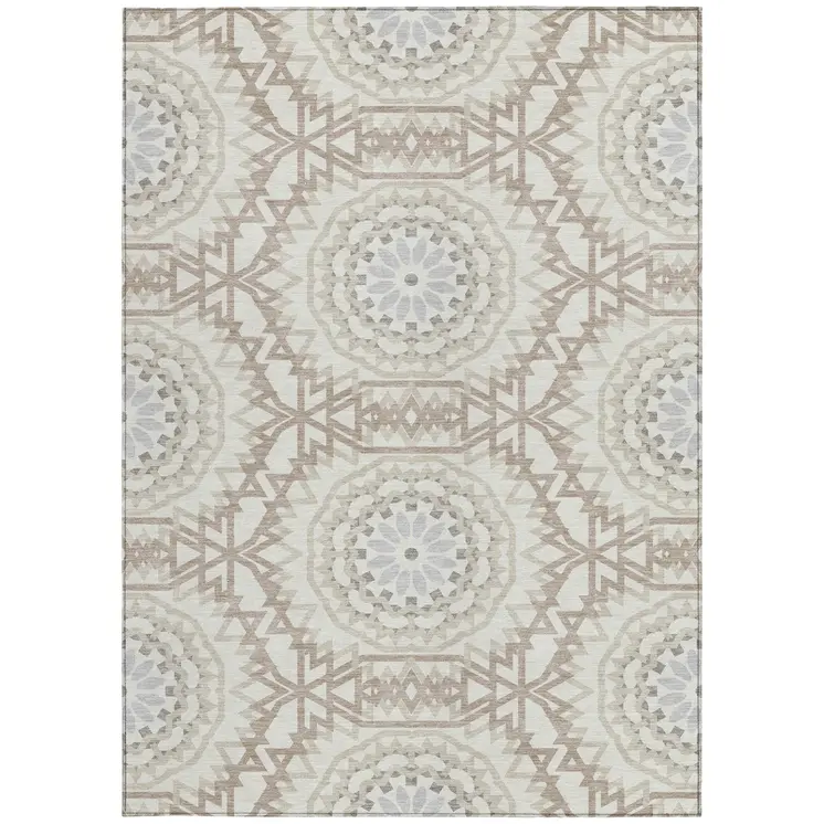 5' X 8' Ivory Beige And Silver Floral Medallion Washable Indoor Outdoor Area Rug