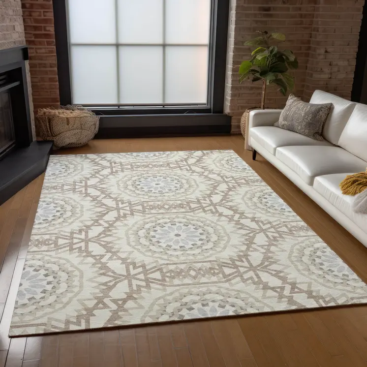 5' X 8' Ivory Beige And Silver Floral Medallion Washable Indoor Outdoor Area Rug
