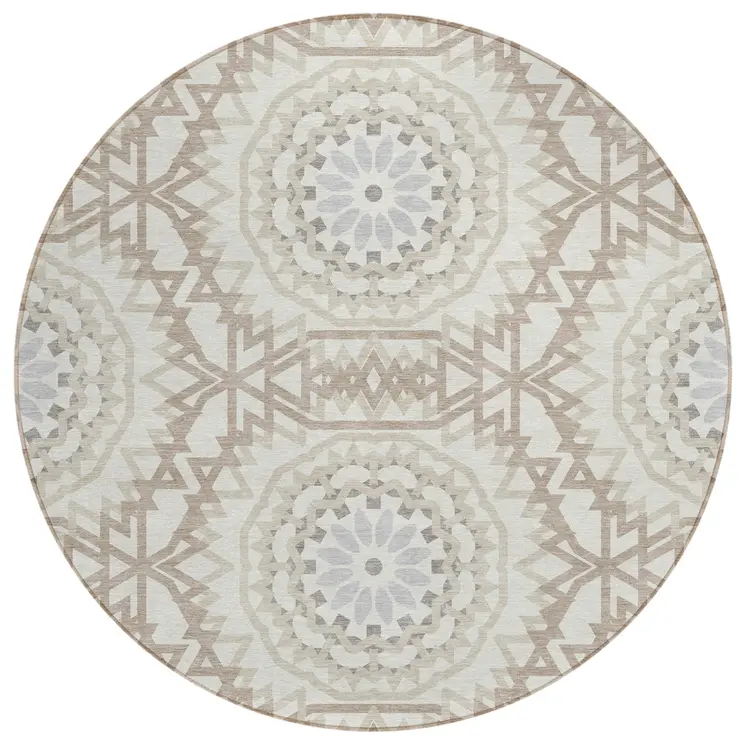 8' Ivory Beige And Silver Round Floral Medallion Washable Indoor Outdoor Area Rug