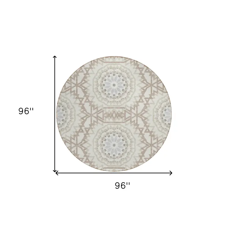 8' Ivory Beige And Silver Round Floral Medallion Washable Indoor Outdoor Area Rug