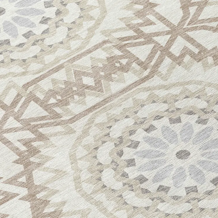 8' Ivory Beige And Silver Round Floral Medallion Washable Indoor Outdoor Area Rug