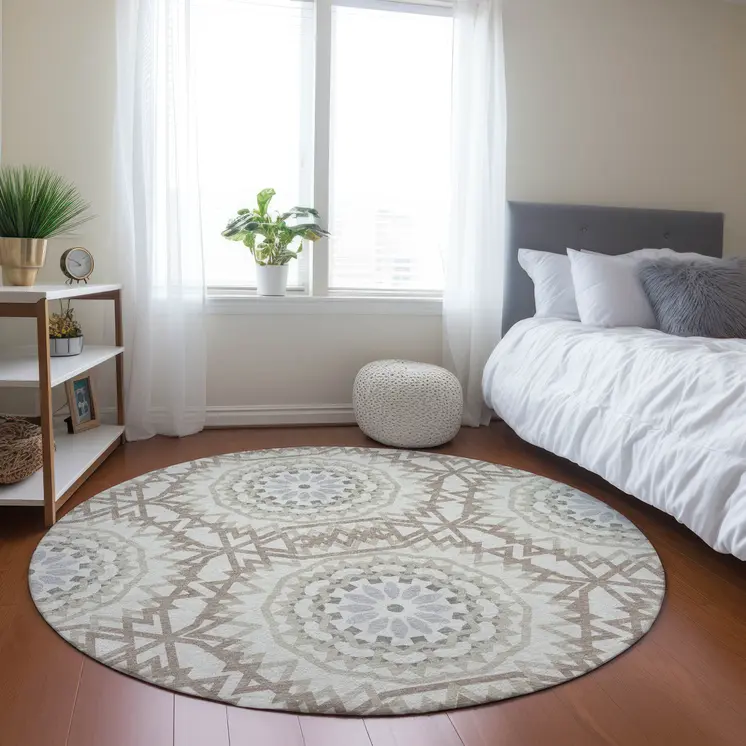 8' Ivory Beige And Silver Round Floral Medallion Washable Indoor Outdoor Area Rug