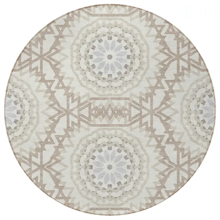 8' Ivory Beige And Silver Round Floral Medallion Washable Indoor Outdoor Area Rug