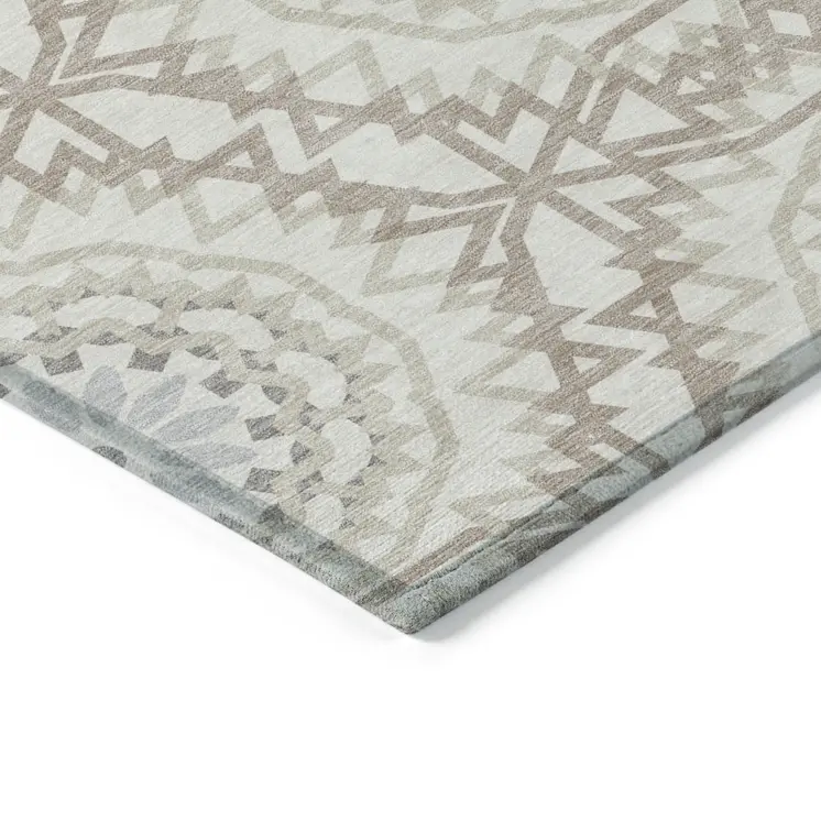 9' X 12' Ivory Beige And Silver Floral Medallion Washable Indoor Outdoor Area Rug