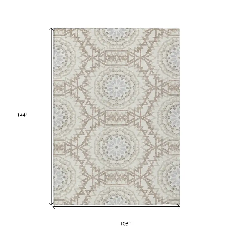 9' X 12' Ivory Beige And Silver Floral Medallion Washable Indoor Outdoor Area Rug