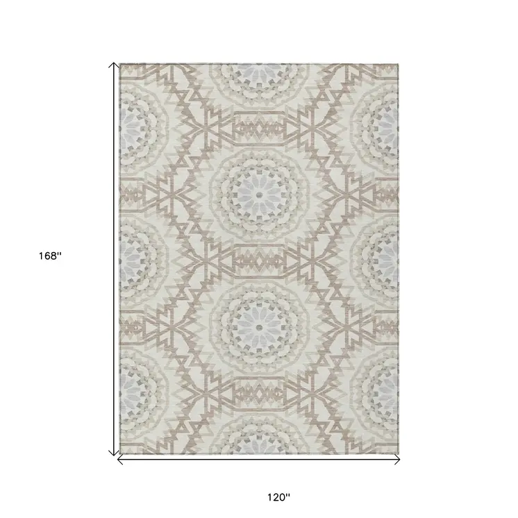 10' X 14' Ivory Beige And Silver Floral Medallion Washable Indoor Outdoor Area Rug