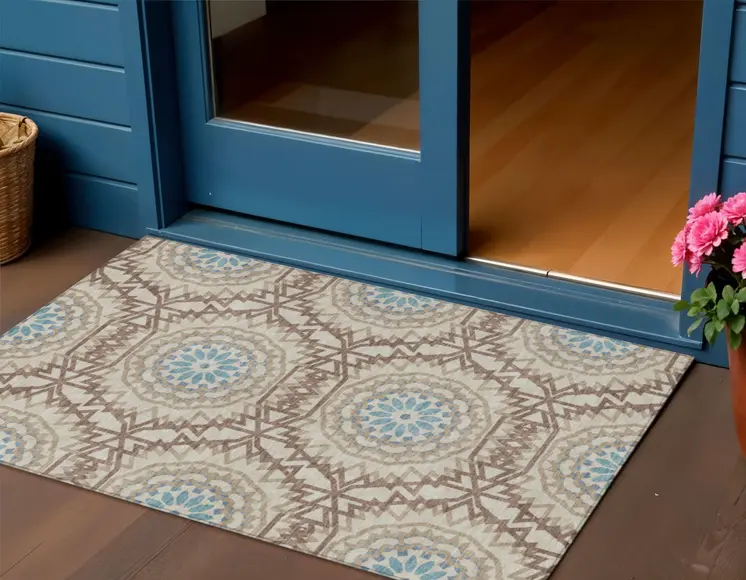 3' X 5' Khaki Brown And Taupe Floral Medallion Washable Indoor Outdoor Area Rug