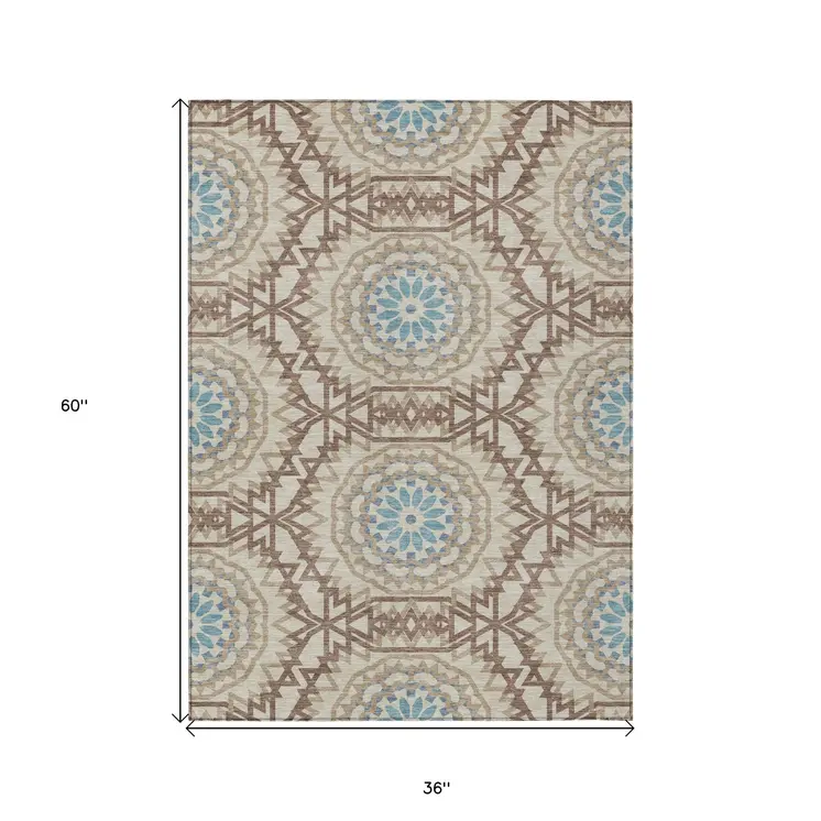 3' X 5' Khaki Brown And Taupe Floral Medallion Washable Indoor Outdoor Area Rug