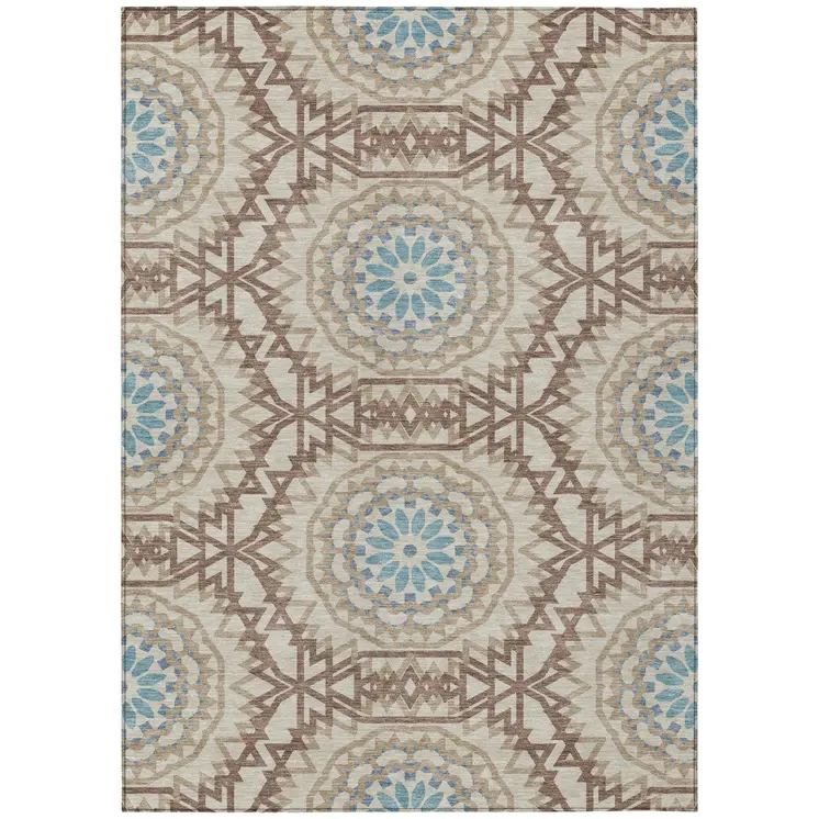 5' X 8' Khaki Brown And Taupe Floral Medallion Washable Indoor Outdoor Area Rug