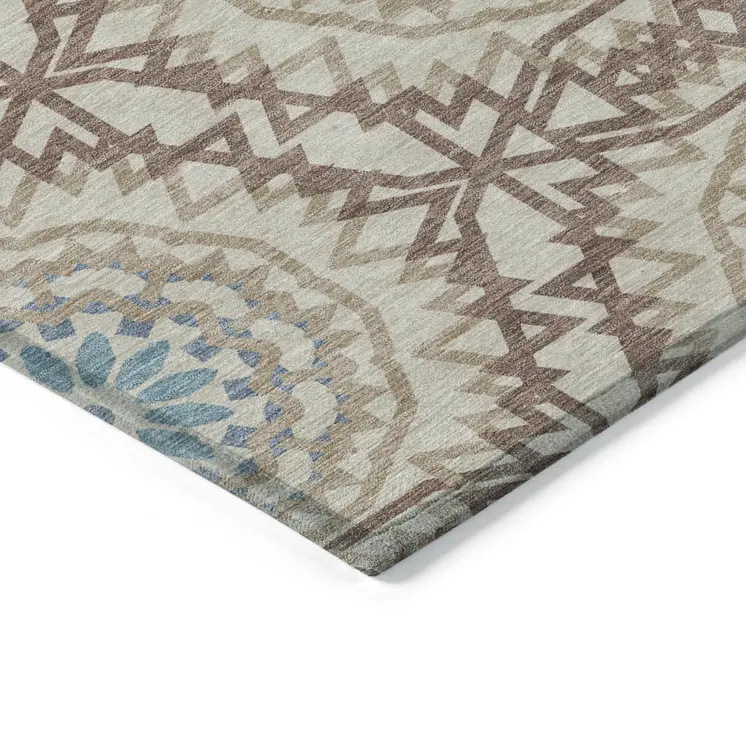 5' X 8' Khaki Brown And Taupe Floral Medallion Washable Indoor Outdoor Area Rug