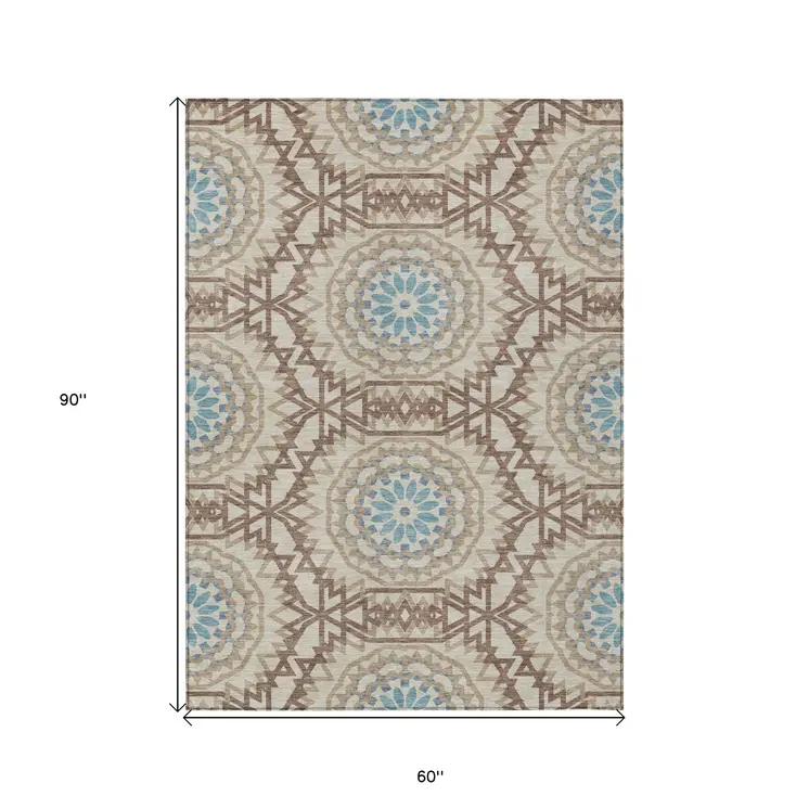 5' X 8' Khaki Brown And Taupe Floral Medallion Washable Indoor Outdoor Area Rug