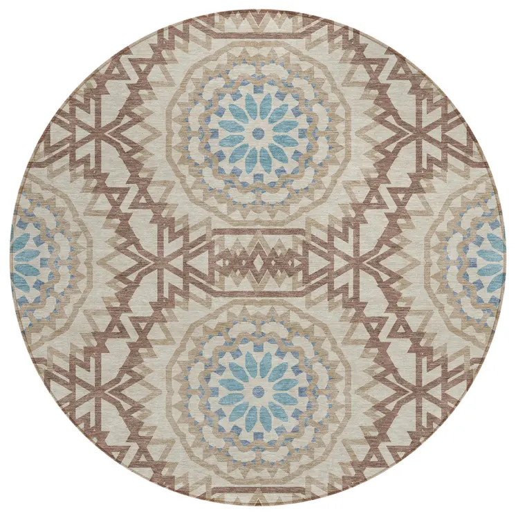 8' Khaki Brown And Taupe Round Floral Medallion Washable Indoor Outdoor Area Rug