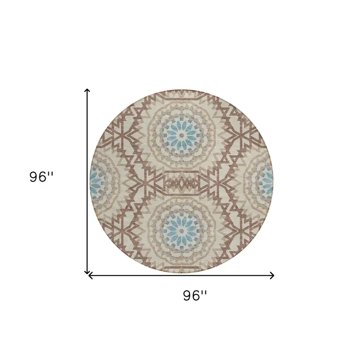 8' Khaki Brown And Taupe Round Floral Medallion Washable Indoor Outdoor Area Rug