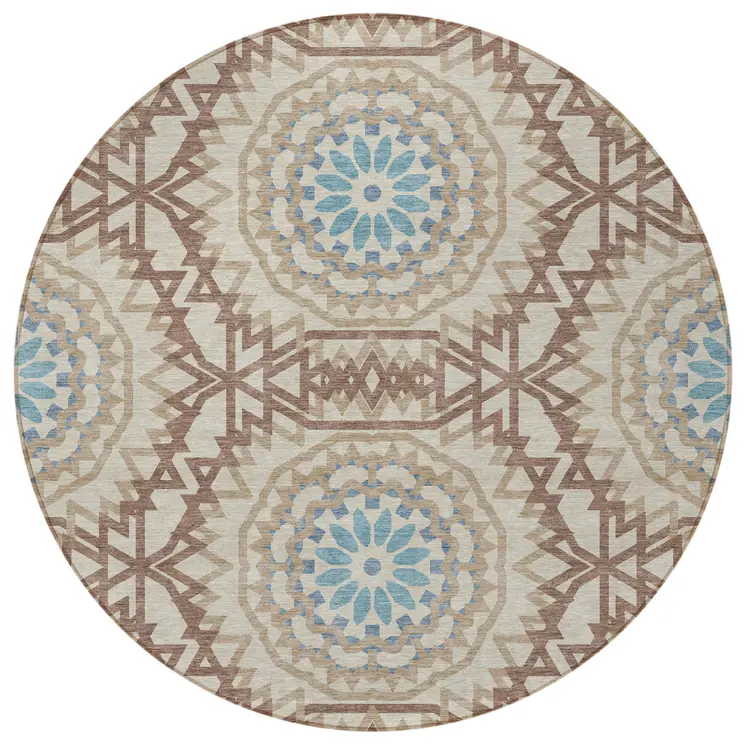 8' Khaki Brown And Taupe Round Floral Medallion Washable Indoor Outdoor Area Rug