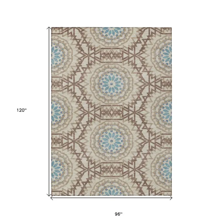8' X 10' Khaki Brown And Taupe Floral Medallion Washable Indoor Outdoor Area Rug