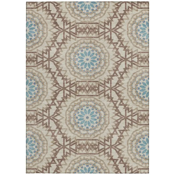 10' X 14' Khaki Brown And Taupe Floral Medallion Washable Indoor Outdoor Area Rug