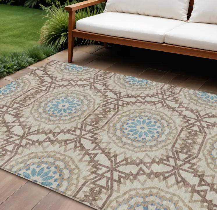 10' X 14' Khaki Brown And Taupe Floral Medallion Washable Indoor Outdoor Area Rug