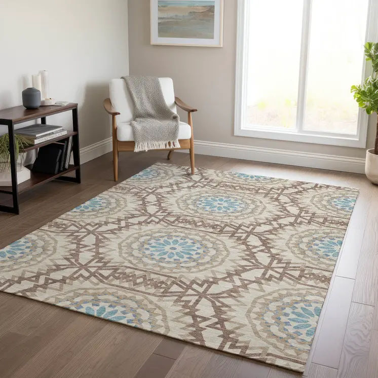 10' X 14' Khaki Brown And Taupe Floral Medallion Washable Indoor Outdoor Area Rug