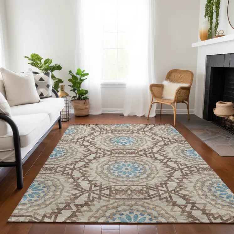 10' X 14' Khaki Brown And Taupe Floral Medallion Washable Indoor Outdoor Area Rug