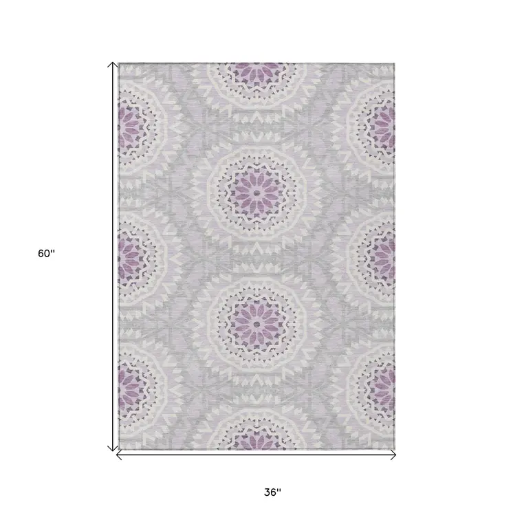 3' X 5' Lilac Purple And Ivory Floral Medallion Washable Indoor Outdoor Area Rug