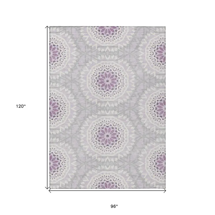 8' X 10' Lilac Purple And Ivory Floral Medallion Washable Indoor Outdoor Area Rug