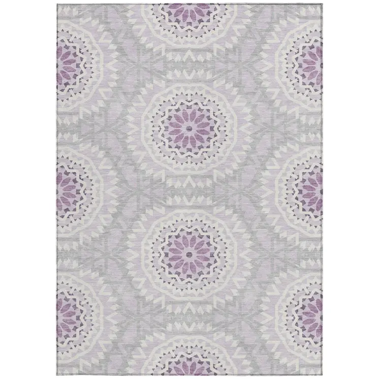 9' X 12' Lilac Purple And Ivory Floral Medallion Washable Indoor Outdoor Area Rug