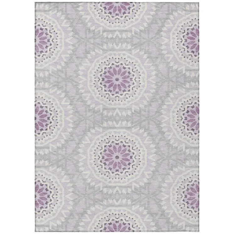 9' X 12' Lilac Purple And Ivory Floral Medallion Washable Indoor Outdoor Area Rug