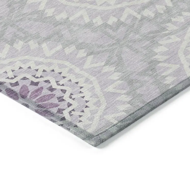 9' X 12' Lilac Purple And Ivory Floral Medallion Washable Indoor Outdoor Area Rug