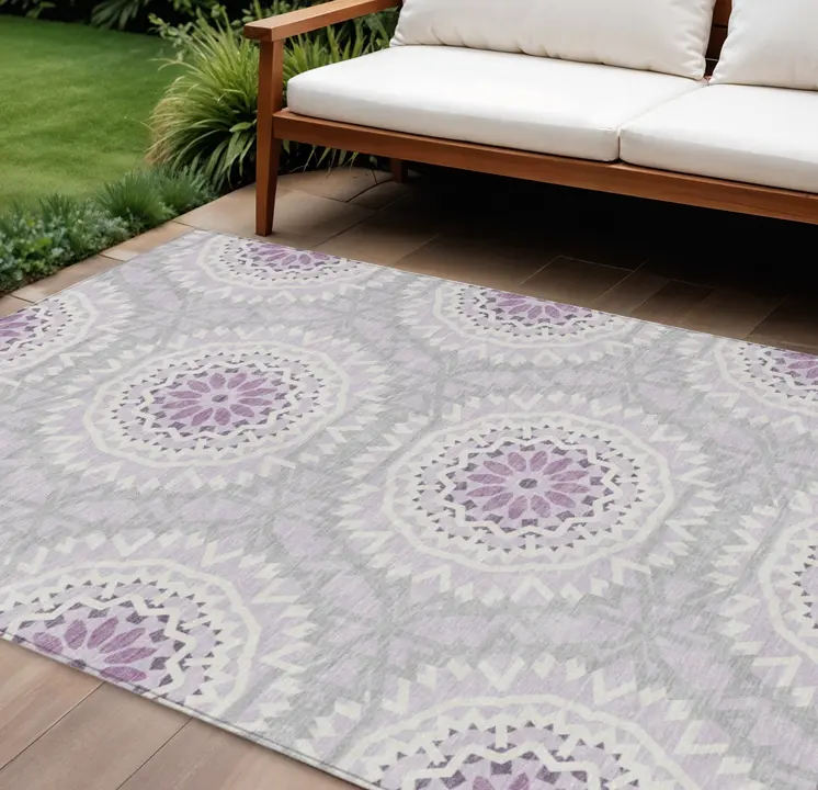 10' X 14' Lilac Purple And Ivory Floral Medallion Washable Indoor Outdoor Area Rug