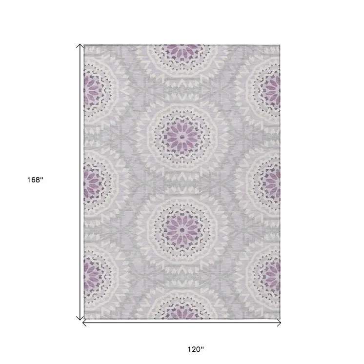 10' X 14' Lilac Purple And Ivory Floral Medallion Washable Indoor Outdoor Area Rug