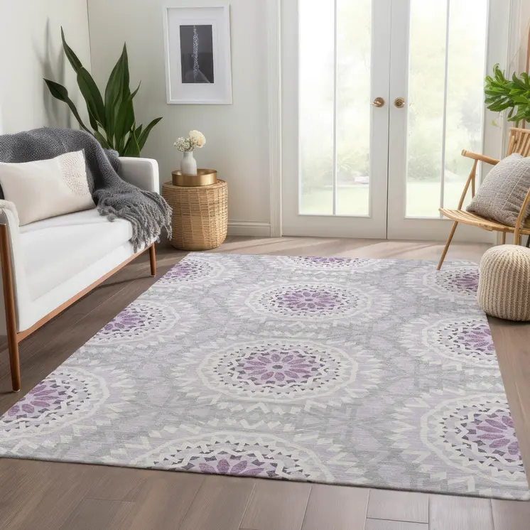 10' X 14' Lilac Purple And Ivory Floral Medallion Washable Indoor Outdoor Area Rug