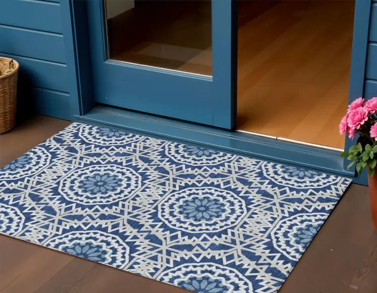 3' X 5' Navy Blue Ivory And Gray Floral Medallion Washable Indoor Outdoor Area Rug