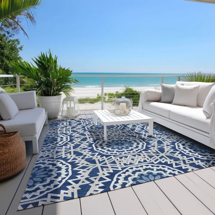 3' X 5' Navy Blue Ivory And Gray Floral Medallion Washable Indoor Outdoor Area Rug