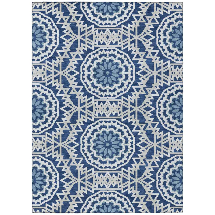 3' X 5' Navy Blue Ivory And Gray Floral Medallion Washable Indoor Outdoor Area Rug