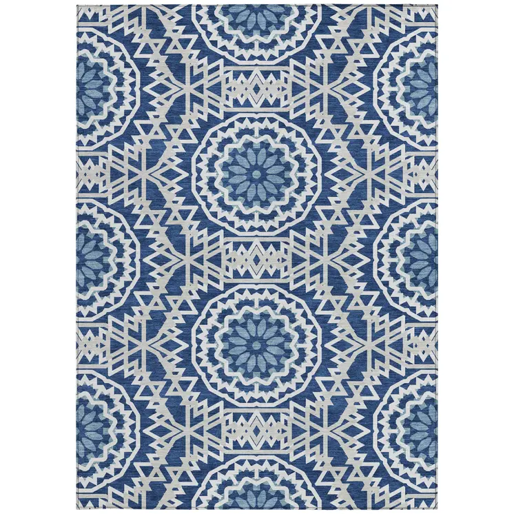 3' X 5' Navy Blue Ivory And Gray Floral Medallion Washable Indoor Outdoor Area Rug