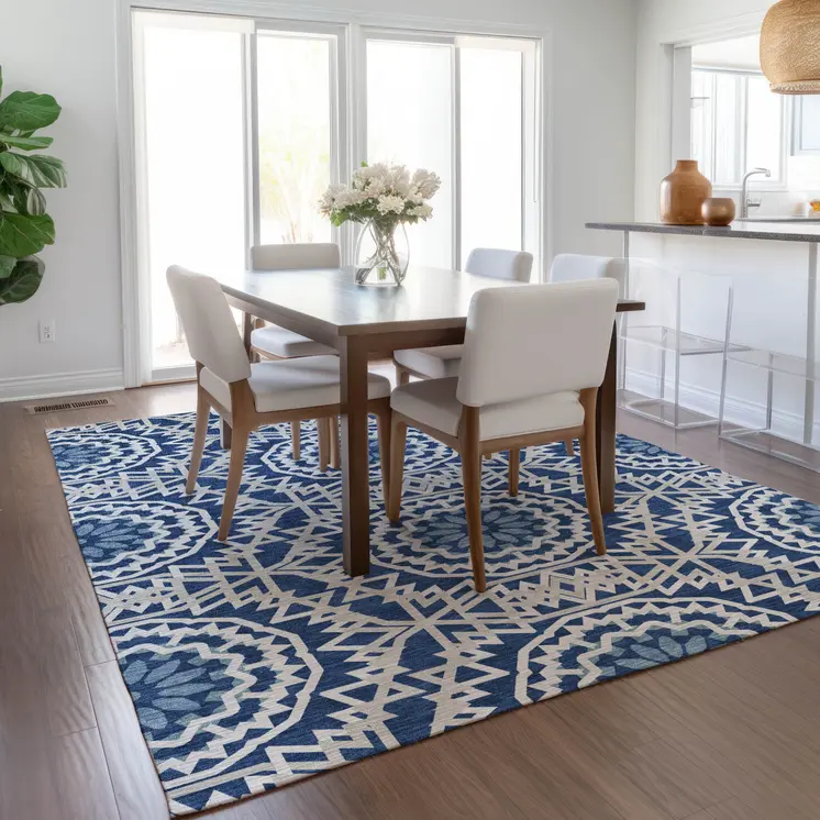 3' X 5' Navy Blue Ivory And Gray Floral Medallion Washable Indoor Outdoor Area Rug