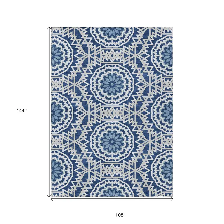 9' X 12' Navy Blue Ivory And Gray Floral Medallion Washable Indoor Outdoor Area Rug