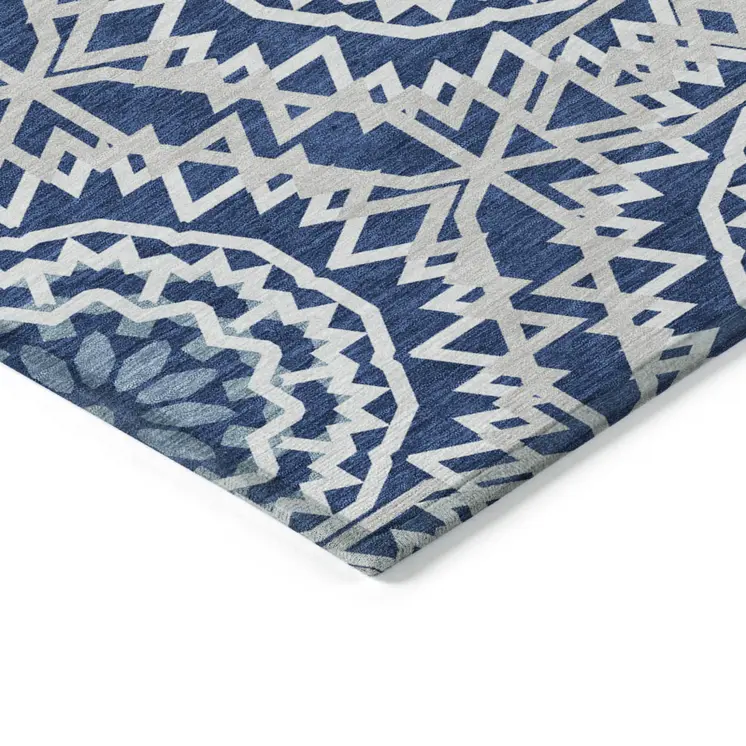9' X 12' Navy Blue Ivory And Gray Floral Medallion Washable Indoor Outdoor Area Rug