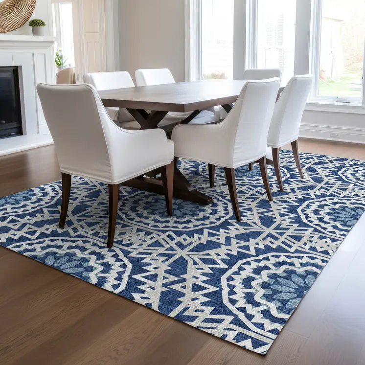 9' X 12' Navy Blue Ivory And Gray Floral Medallion Washable Indoor Outdoor Area Rug