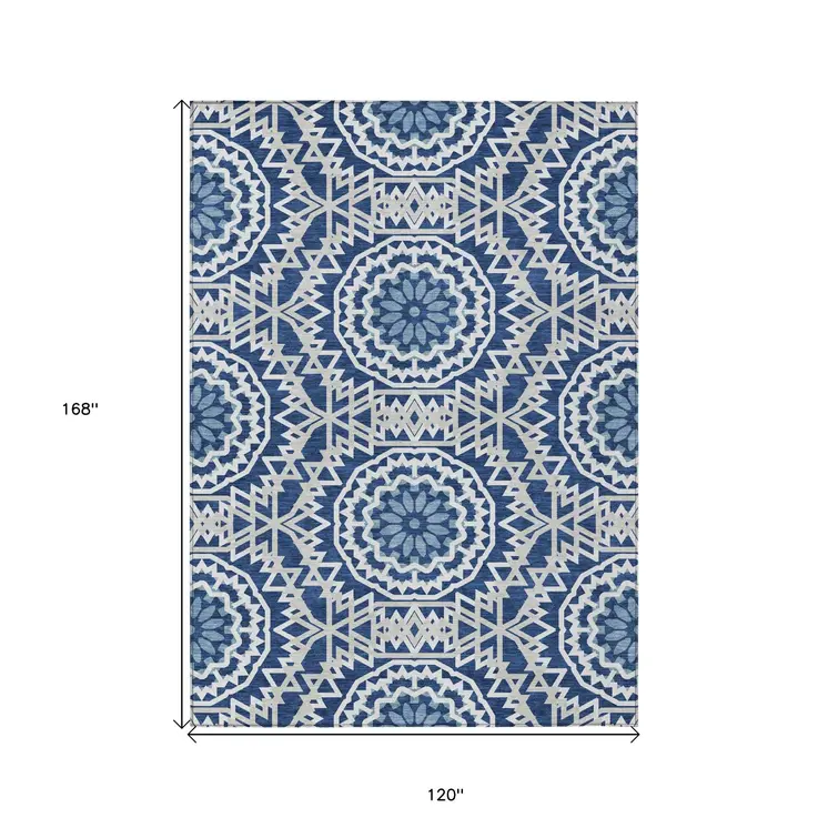 10' X 14' Navy Blue Ivory And Gray Floral Medallion Washable Indoor Outdoor Area Rug