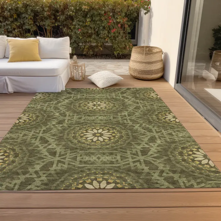 5' X 8' Olive Green Artichoke Green And Gold Floral Medallion Washable Indoor Outdoor Area Rug