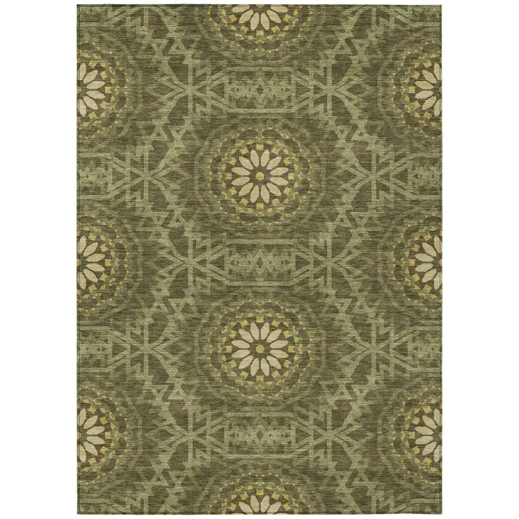 5' X 8' Olive Green Artichoke Green And Gold Floral Medallion Washable Indoor Outdoor Area Rug