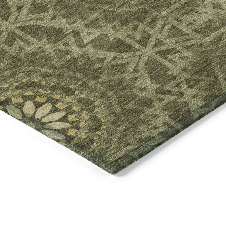 5' X 8' Olive Green Artichoke Green And Gold Floral Medallion Washable Indoor Outdoor Area Rug