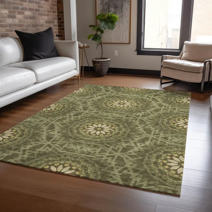 5' X 8' Olive Green Artichoke Green And Gold Floral Medallion Washable Indoor Outdoor Area Rug