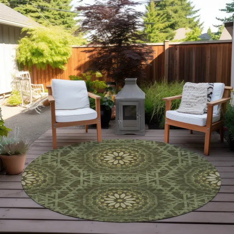 8' Olive Green Artichoke Green And Gold Round Floral Medallion Washable Indoor Outdoor Area Rug