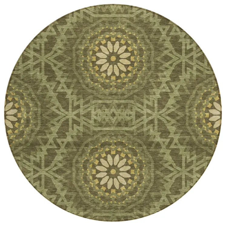 8' Olive Green Artichoke Green And Gold Round Floral Medallion Washable Indoor Outdoor Area Rug