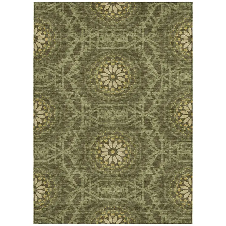 8' X 10' Olive Green Artichoke Green And Gold Floral Medallion Washable Indoor Outdoor Area Rug